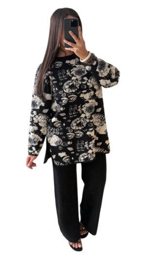 Ensemble Pull Long Imprimé Floral & Pantalon Évasé – Taille Unique