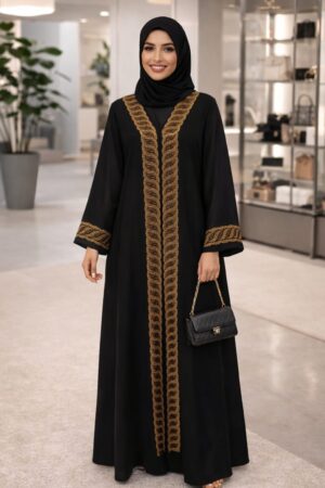 Abaya Dubaï noire en soie de Médine ornée de strass dorés