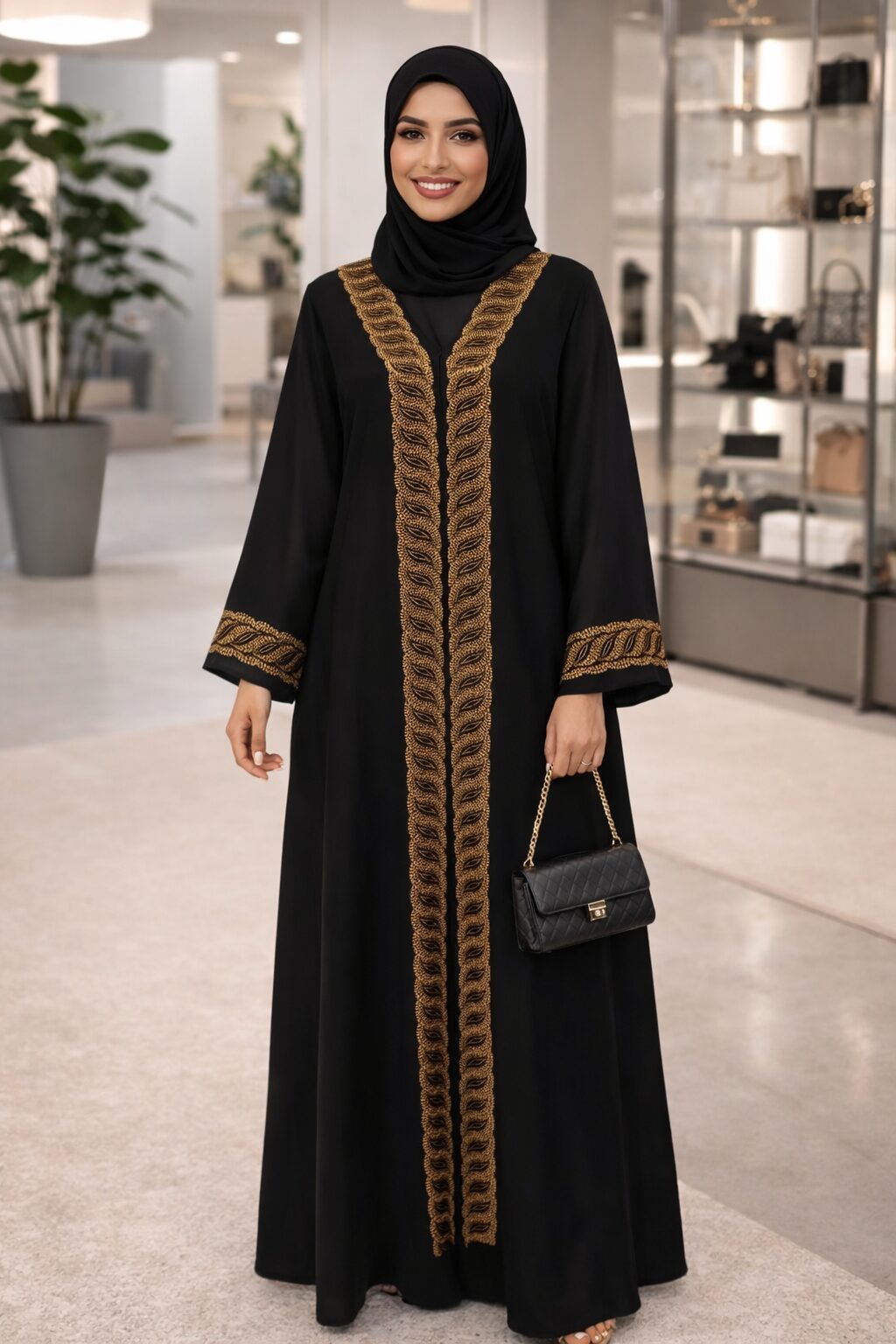 Abaya Dubaï noire en soie de Médine ornée de strass dorés