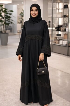 Abaya Dubaï noire en soie de Médine – Broderies raffinées