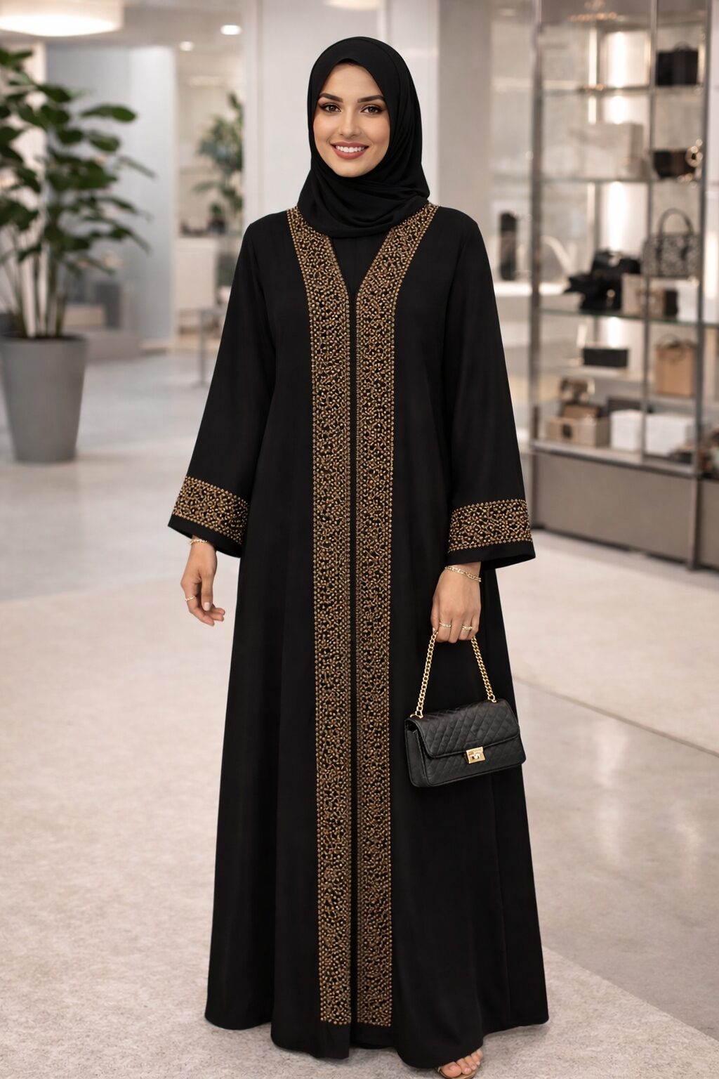 Abaya Dubaï noire en soie de Médine ornée de perles dorées